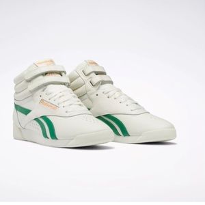 Women’s Reebok F/S athletic shoes, high top white with green size 8